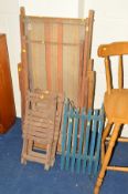 TWO VINTAGE FOLDING DECK CHAIRS, two folding childs chairs and a sleigh (5)