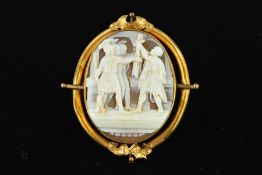 A LATE VICTORIAN CAMEO BROOCH of oval outline, carved to depict The Oath of the Horatii, with some