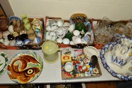 FOUR BOXES AND LOOSE CERAMICS, GLASSWARES, etc, to include jug and bowl, stoneware 'Fish' bowl, Wade