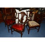A PAIR OF REPRODUX MAHOGANY ELBOW CHAIRS, together with a Georgian mahogany Chippendale style