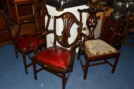 A PAIR OF REPRODUX MAHOGANY ELBOW CHAIRS, together with a Georgian mahogany Chippendale style