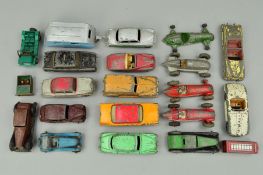 A QUANTITY OF UNBOXED AND ASSORTED PLAYWORN DINKY TOYS CARS, to include 24 series cars, racing