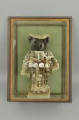 A MODERN GREY PLUSH COLLECTORS BEAR DRESSED AS A PEARLY QUEEN, no makers label, height approximately