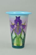 SALLY TUFFIN FOR DENNIS CHINA WORKS, a flared vase decorated with purple Iris against a blue and