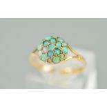 AN EARLY 20TH CENTURY OPAL ROUND CLUSTER RING, round cabochon cut opals, ring size M, stamped '