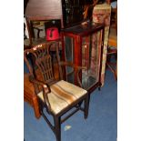 A GEORGIAN MAHOGANY CHIPPENDALE STYLE CARVER CHAIR, a mahogany single door display cabinet and a