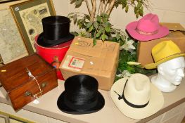 TWO BLACK SILK TOP HATS, one with Christy's London box, three Stetsons, pink, mustard yellow and