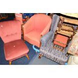 A BLUE UPHOLSTERED WINGBACK ARMCHAIR together with a red upholstered tub chair and a bedroom