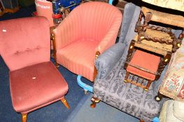 A BLUE UPHOLSTERED WINGBACK ARMCHAIR together with a red upholstered tub chair and a bedroom