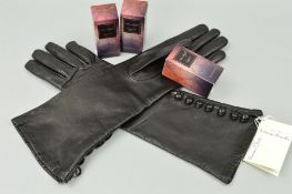 A PAIR OF ANTONIO MUROLO LONG BLACK LEATHER GLOVES, together with two small boxed Ann Byth Clogau