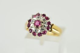 A MID TO LATE 20TH CENTURY 9CT GOLD RUBY AND DIAMOND ROUND CLUSTER RING, ring size N, hallmarked 9ct