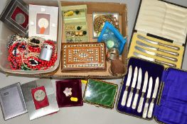 A BOX OF MAINLY COSTUME JEWELLERY to include a Stratton trinket box, a Ronson lighter, two cased