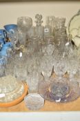 A QUANTITY OF CUT GLASS ETC, to include decanter, vases, jugs, glasses etc