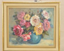 ANGELA STONES (1914-1995) 'ROSES' a still life study of a vase full of roses, signed bottom right,