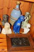 A SMALL GROUP OF CERAMICS, to include two decorative Denby pieces, a vase and jug, busts of Bach,