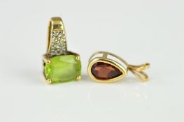 TWO GEMSTONE PENDANTS, the first designed as a pear shape garnet within a collet mount, stamped