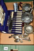 A BOX OF METALWARE, including pewter tea wares, cased fish eaters and servers, assorted loose