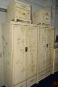 A MODERN HEAVY SEVEN PIECE BEDROOM SUITE, cream ground with painted floral and bird detail,