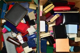 TWO BOXES OF JEWELLERY BOXES to include modern and some antique examples including an antiques pen