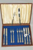 A SET OF SIX VICTORIAN SILVER KINGS PATTERN DESSERT KNIVES AND FORKS, maker John Oxley, Sheffield