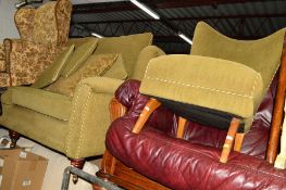 A GREEN UPHOLSTERED TWO SEATER SETTEE AND A SIMILAR CHAIR (2)