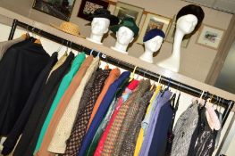 A QUANTITY OF (MOSTLY) LADIES AND GENTLEMANS COATS, DRESSES, HATS, SUITS ETC to include various