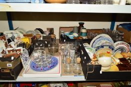 FIVE BOXES AND LOOSE CERAMICS, GLASS ETC, to include Meakin Studio coffeewares, Midwinter, Spode,