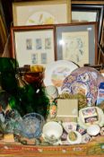 TWO BOXES OF CERAMICS, GLASS, BRASS, PICTURES etc to include fish eaters, Louis Wain print, horse