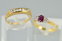 TWO GOLD GEM RINGS, the first a 9ct gold seven stone diamond channel set ring, estimated total