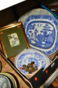 A PAIR OF CASHS SILK BIRD PICTURES, together with blue and white and other meat platters, coins etc