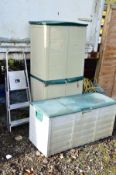 A TALL SLIM TWO DOOR GARDEN STORAGE UNIT, another garden storage box and a set of aluminium step