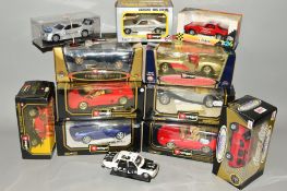 A QUANTITY OF BOXED MODERN DIECAST SPORTS CARS, mainly 1/18 Burago, all appear complete and look