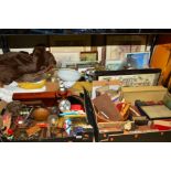 FOUR BOXES AND LOOSE SUNDRY ITEMS to include items of treen, vintage books, pictures, prints and