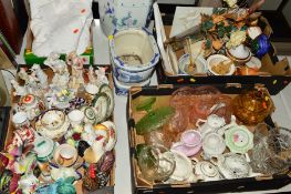 FOUR BOXES AND LOOSE CERAMICS, GLASSWARES, LINEN, TABLECLOTH, etc to include ornaments, jardinieres,