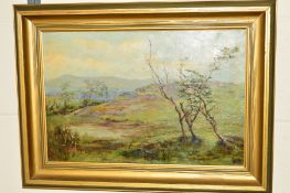 A LANDSCAPE VIEW, with trees to the foreground and a lake in the distance, initialled M.L.A? Dated