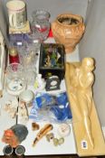 A SMALL GROUP OF CUT GLASS, ORNAMENTS, COINS etc, to include chalk Deco figurine Rd 833162,