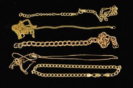 THREE CHAIN BRACELETS AND TWO CHAIN NECKLACES, the bracelets to include a flattened curb link, a