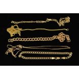 THREE CHAIN BRACELETS AND TWO CHAIN NECKLACES, the bracelets to include a flattened curb link, a