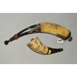 TWO HORN POWDER FLASKS, one engraved with a ship, length approximately 38cm, the other with a