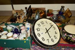 A LARGE RHYTHM QUARTZ WALL CLOCK, together with four boxes and loose ceramics, glass, metalware,