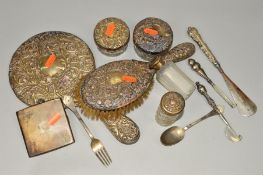 A BOX OF SILVER BACKED DRESSING TABLE ITEMS, including silver topped glass jars and bottles