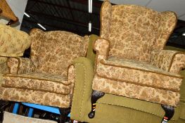 A PAIR OF FLORAL UPHOLSTERED VICTORIAN WING BACK ARM CHAIRS (2)