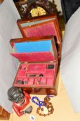 A CAST 'JOLLY' MONEY BANK, a sewing box, writing slope (sd), mantel clock (key), beads etc