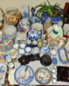 A QUANTITY OF MODERN ORIENTAL CERAMICS AND METALWARE etc, to include vases, figurines, tea bowls,