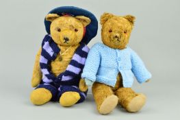 TWO WELL LOVED GOLDEN PLUSH TEDDY BEARS, first has glass eyes, vertical stitched nose, jointed body,