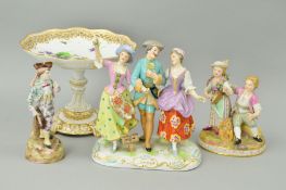 THREE CONTINENTAL PORCELAIN FIGURE GROUPS, (sd), together with a Royal Copenhagen comport, height