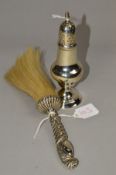 A GEORGE III SILVER SUGAR CASTER OF BALUSTER FORM, pull off cover with flame finial, the base with