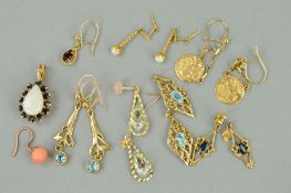 A SELECTION OF EARRINGS AND A PENDANT, the pendant with central pear shape opal within a sapphire