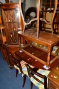 A REPRODUCTION MAHOGANY DROP LEAF TABLE, four chairs and a corner cupboard (6)