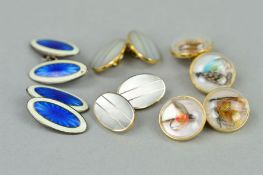 THREE PAIRS OF CUFFLINKS to include a pair of oval chain link cufflinks inlaid with mother of pearl,